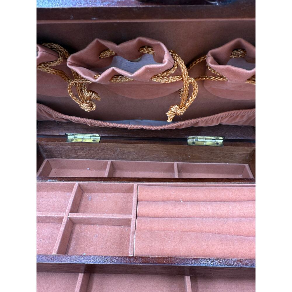 💍 Vintage Wooden Jewelry Box Tan Velvet Lined Necklace Ring Storage Organizer - Picture 4 of 7
